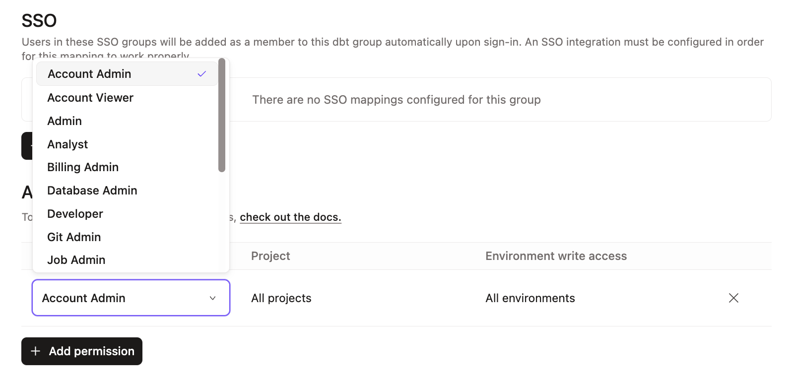 Example permissions dropdown while editing an existing group.